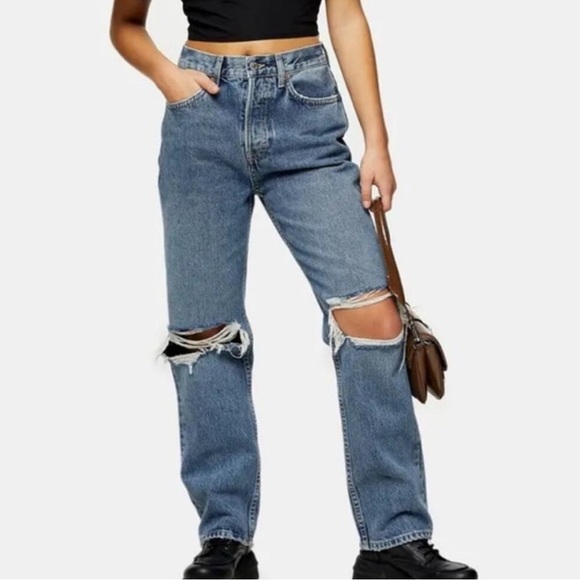 Topshop Dad Jeans Distressed Ripped Button Fly High Rise 26x30 Women - Picture 1 of 10